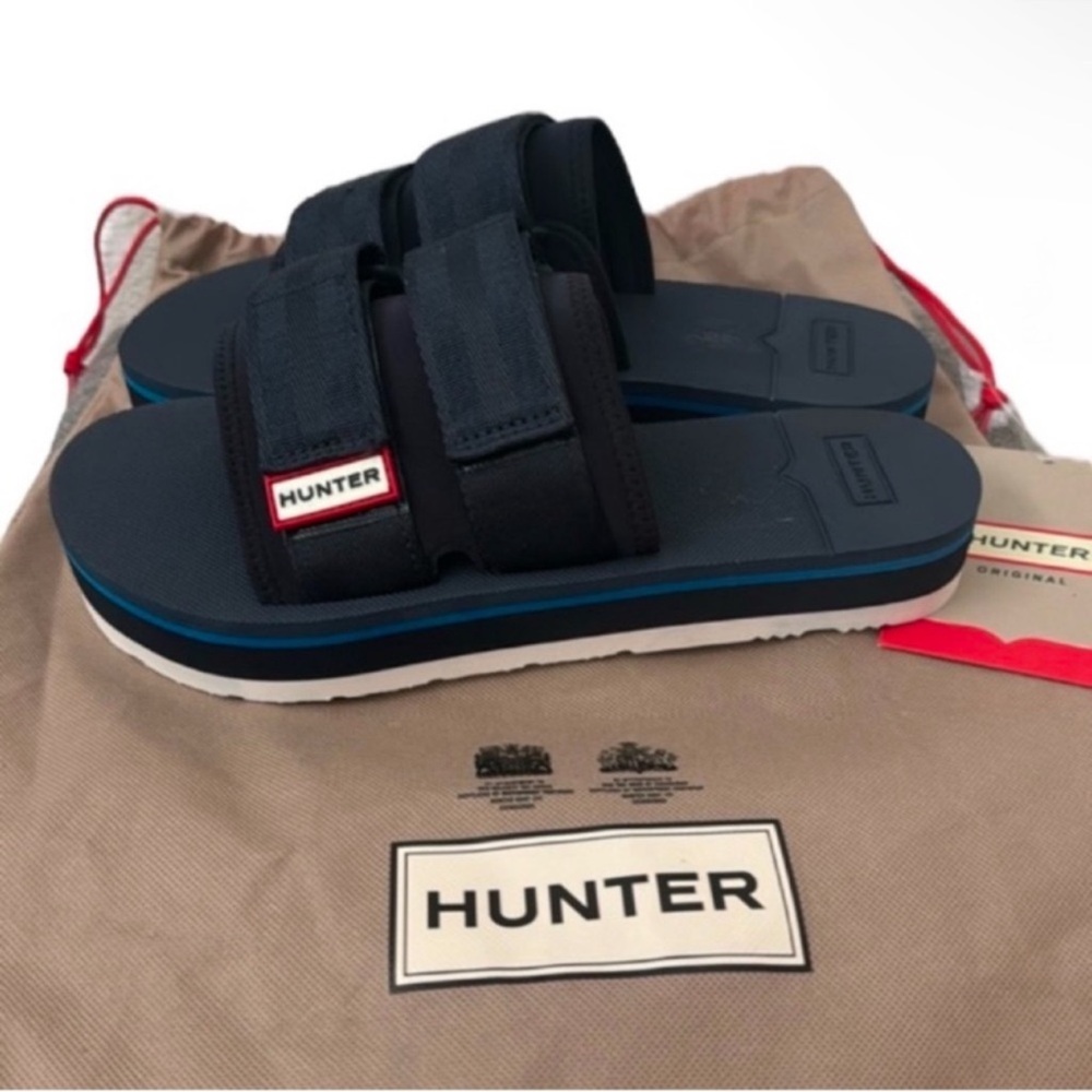 New authentic Hunter men’s signature designer navy blue slide sandals sz 10